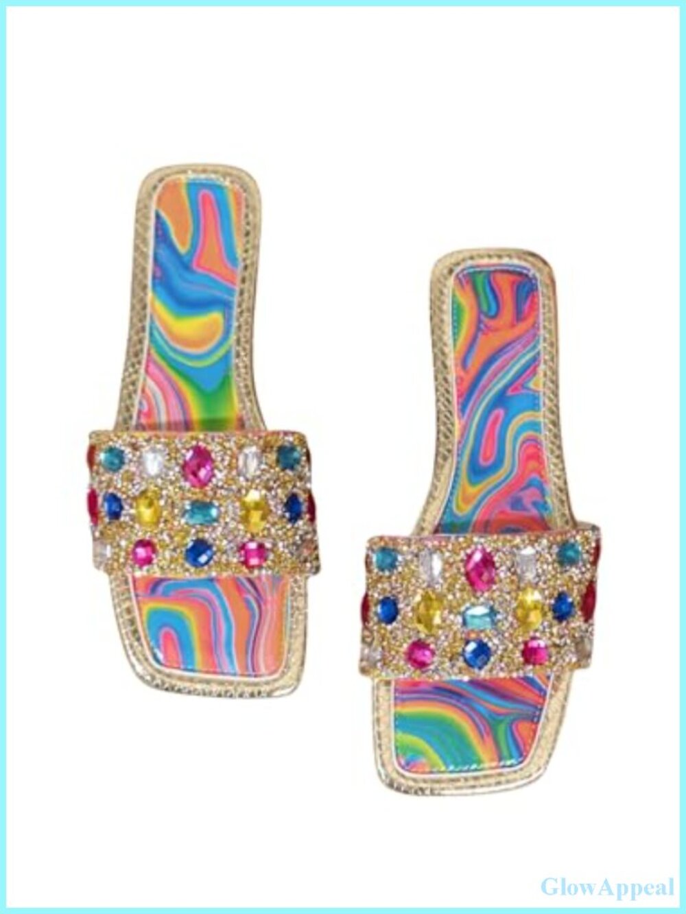 Rhinestone Flat Sandals Sparkly Bling Slides Faux Leather Dressy